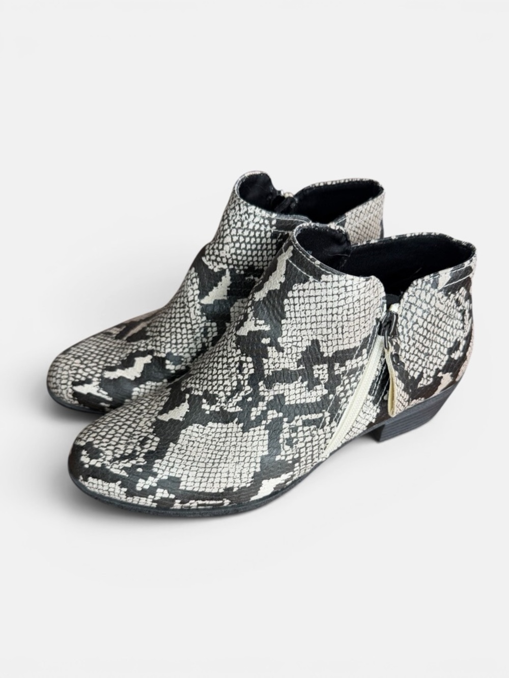 Arizona Jean Company Snake-Print Ankle Booties in Black & Off White